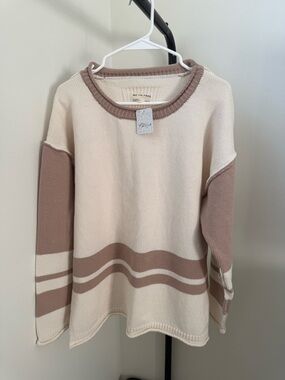 We The Free Cream & Taupe Contrast-Stripe Scoop Neck Sweater